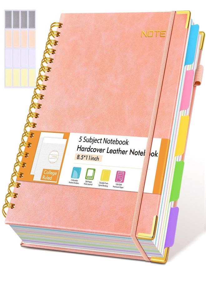dilitego Hardcover Large Spiral Notebook 8.5" x 11" with Removable Dividers Tabs, 300 pages Leather 5 Subject Notebook College Ruled, A4 Journal for Women Men, Notebooks for Work School Note taking, Pink - Image 1